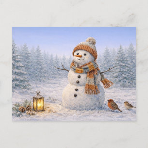 Knuffige Waterverf Winter Sneeuwman met Vogels Feestdagenkaart