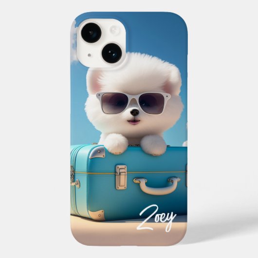 Knuffige Witte Hond Reis Koffer Gepersonaliseerde Case-Mate iPhone Case (Achterkant)