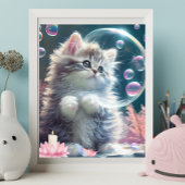 Knuffige Witte Kat speelt met Bubbles Kunst Nurser Poster