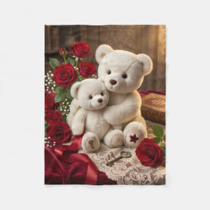 Knuffige Witte Teddydieren Met Rode Bloemen Kunst Fleece Deken