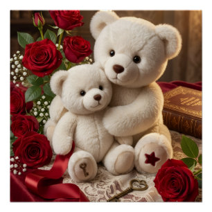 Knuffige Witte Teddys Met Rode Bloemen Kunst fleec Perfect Poster