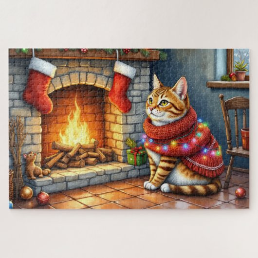 Knus Abyssijnse kat bij open haard Kerstverlichtin Legpuzzel (Horizontaal)