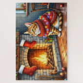 Knus Abyssijnse kat bij open haard Kerstverlichtin Legpuzzel (Verticaal)