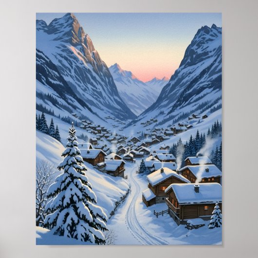 Knus Alpendorp Dageraad Besneeuwd Bergdal Poster (Voorkant)