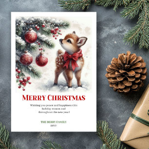 Knus Baby Ree Kerst Scene Watercolor Wenskaart Feestdagenkaart
