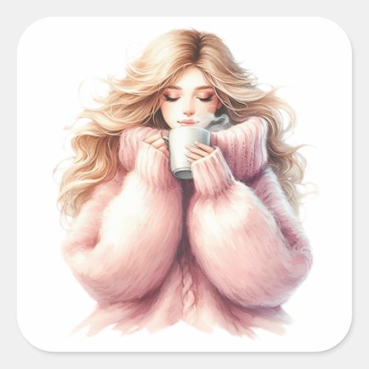 Knus Blond Meisje – Watercolor Winter Sticker (Voorkant)