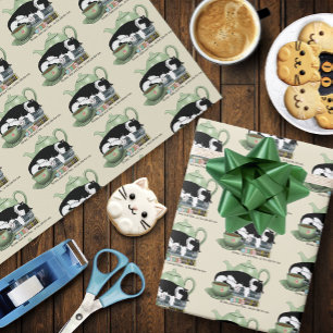 Knus Boeken Kat Smoking Theekopje Schattig Groene Cadeaupapier