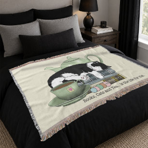Knus Boeken Kat Smoking Theekopje Schattig Groene  Deken
