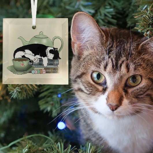Knus Boeken Kat Smoking Theekopje Schattig Groene Glas Ornament