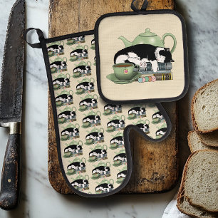 Knus Boeken Kat Smoking Theekopje Schattig Groene Ovenwant & Pannenlap Set