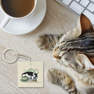 Knus Boeken Kat Smoking Theekopje Schattig Groene Sleutelhanger