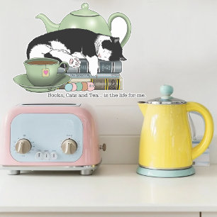 Knus Boeken Kat Smoking Theekopje Schattig Groene Sticker