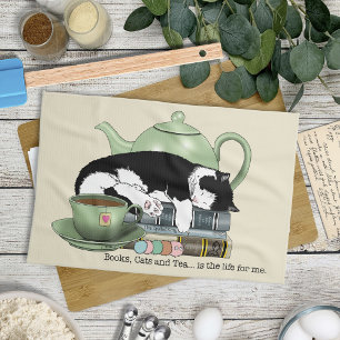 Knus Boeken Kat Smoking Theekopje Schattig Groene Theedoek