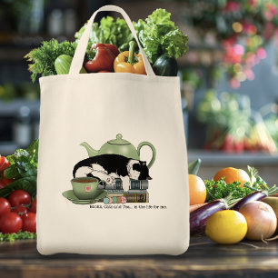 Knus Boeken Kat Smoking Theekopje Schattig Groene Tote Bag