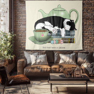 Knus Boeken Kat Smoking Theekopje Schattig Groene  Wandkleed