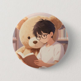 Knus Boy & Reusachtige Teddybeer Lezen Aesthe Ronde Button 5,7 Cm