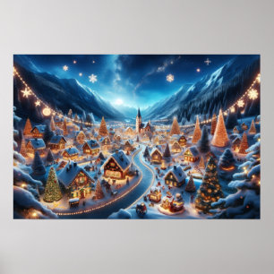 Knus dorps Christmas-dorp 's nachts Poster