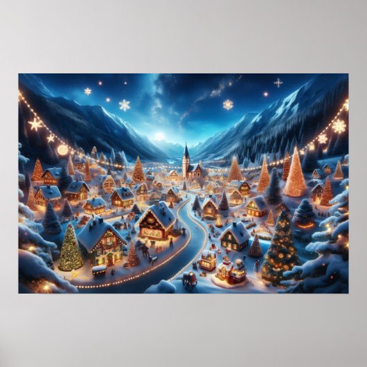 Knus dorps Christmas-dorp 's nachts Poster (Voorkant)