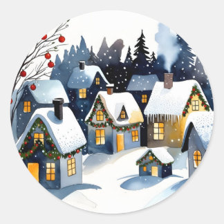 Knus Dorps Watercolor Kerstmis Ronde Sticker