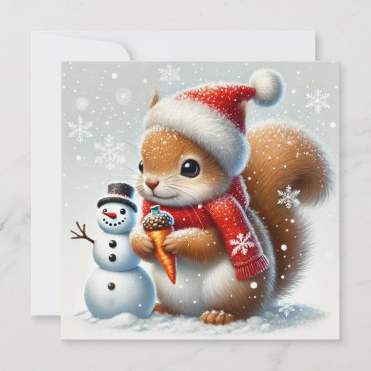 Knus eekhoorntje met sneeuwman en kerstmuts feestdagenkaart (Voorkant)