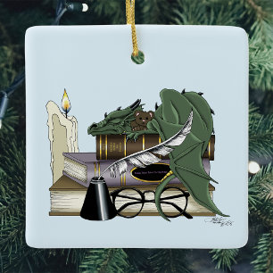 Knus Groene Whimsical Slaande Draak Boekliefhebber Keramisch Ornament