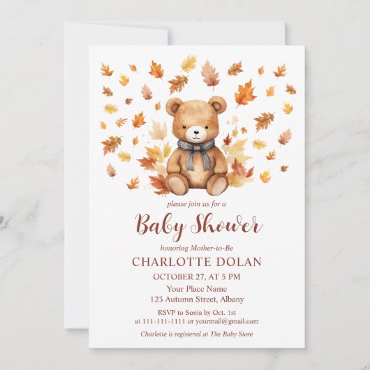 Knus herfst teddybeer babyshower uitnodiging (Voorkant)