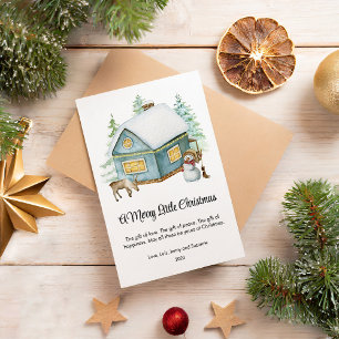 Knus huis sneeuwman vrolijk kerstfeest plat ontwer feestdagenkaart