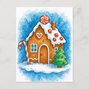 Knus huisje van gemberkoek Kerstansichtkaart Feestdagenkaart