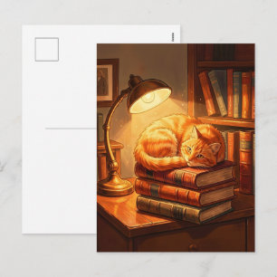 Knus kaartje met kat in bibliotheek - Cadeau voor  Feestdagenkaart
