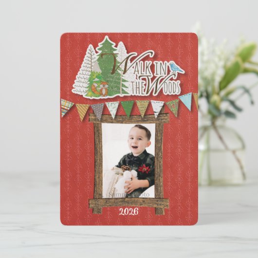 Knus Kerstkaart Houtland Rode Versiering (Staand voorkant)
