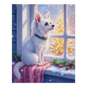 Knus Maltezer bij Besneeuwd Raam Kersthond Kunst Perfect Poster