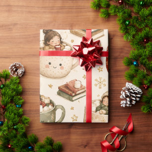 Knus meisje dat hete chocolademelk drinkt met Kers Cadeaupapier