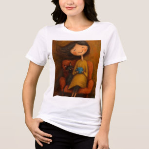 Knus Meisje met Zwarte Kat en Koffie- Whimsical T- Tri-Blend Shirt