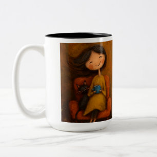 Knus Meisje met Zwarte Kat en Koffie- Whimsical T- Tweekleurige Koffiemok