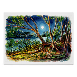 Knus Nacht Bos & Maan Muurkunst - Glanzende Poster