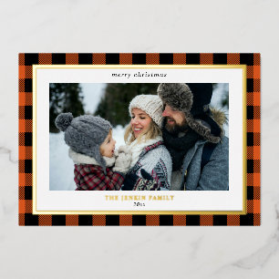 Knus Oranje Zwarte Geruite Rand 3 Foto's Kerstmis Folie Feestdagenkaart