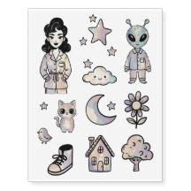Knus pastel pin-up meisje kat Alien Tatoeage
