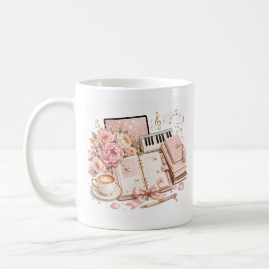 Knus piano koffie bloem mok bewerkbaar (Links)