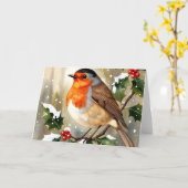 Knus Robin Kerst Waterverf Illustratie Kaart (Gele Bloem)