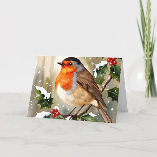 Knus Robin Kerst Waterverf Illustratie Kaart (Voorkant)