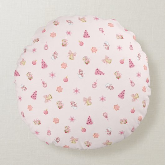 Knus Roze Kerstpatroon Rond Kussen (Voorkant)