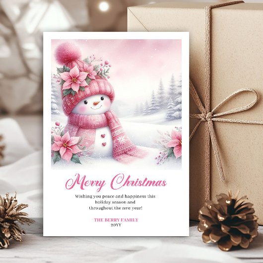 Knus Roze Sneeuwman Printbare Kerstkaart Scene Car