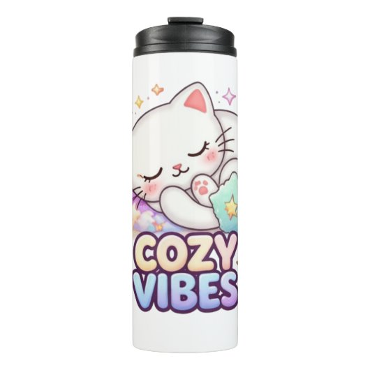 Knus Sfeer Kat Sticker | Mopshond Slaap Kat Thermosbeker (Voorkant)