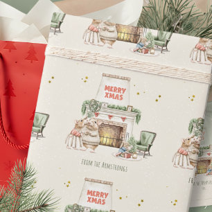Knus Waterverf Muizen Vintage Kerst Scene Cadeaupapier