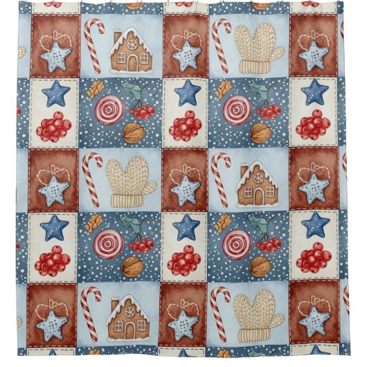 Knus Winter Patchwork Kerstmis Douchegordijn (Voorkant)