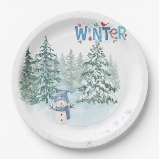 Knus winter-sneeuwman verjaardag papieren bord (Voorkant)