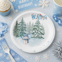 Knus winter-sneeuwman verjaardag papieren bord