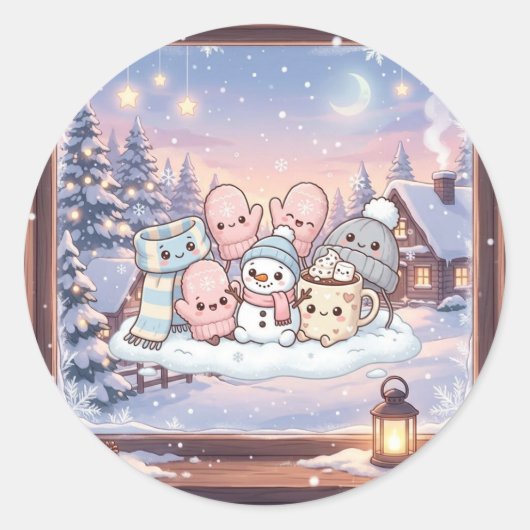 Knus Winter Sneeuwman Vrienden Sticker (Voorkant)