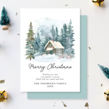 Knus Winter Watercolor Blokhut Handgeschreven Kers