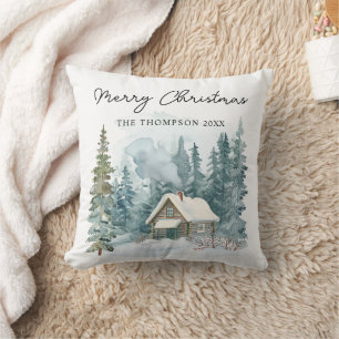 Knus Winter Watercolor Blokhut Handgeschreven Kers Kussen